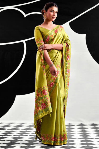 Verdant Green Banarasi Tissue Silk Saree With Glowing Blouse Piece
