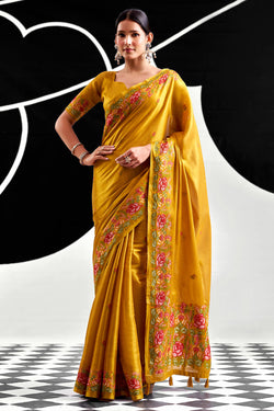Prettiest Golden Banarasi Tissue Silk Saree With Majesty Blouse Piece
