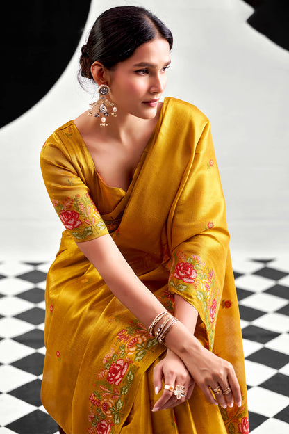 Prettiest Golden Banarasi Tissue Silk Saree With Majesty Blouse Piece