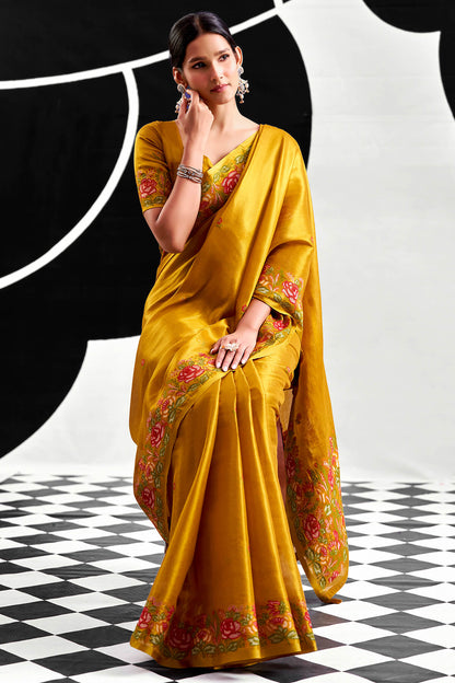 Prettiest Golden Banarasi Tissue Silk Saree With Majesty Blouse Piece
