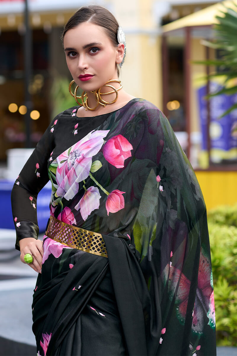 Bewitching Black Digital Printed Georgette Saree With Majestic Blouse Piece