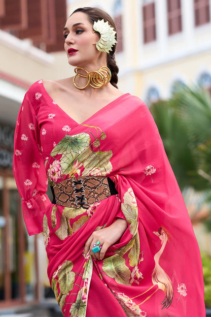 Devastating Dark Pink Digital Printed Georgette Saree With Fancifull Blouse Piece