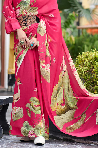 Devastating Dark Pink Digital Printed Georgette Saree With Fancifull Blouse Piece