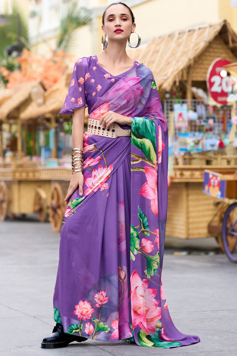 Opulent Lavender Digital Printed Georgette Saree With Prominent Blouse Piece