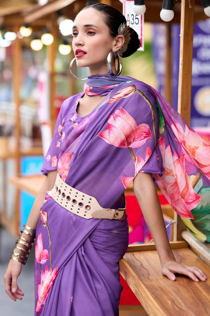 Opulent Lavender Digital Printed Georgette Saree With Prominent Blouse Piece
