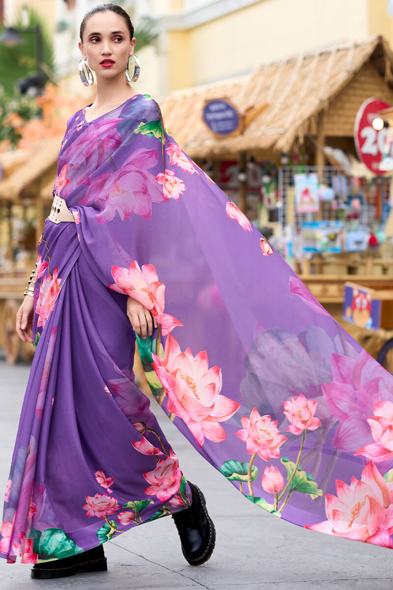Opulent Lavender Digital Printed Georgette Saree With Prominent Blouse Piece