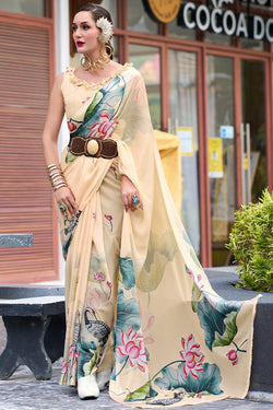 Captivating Beige Digital Printed Georgette Saree With Unique Blouse Piece