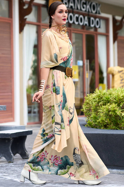 Captivating Beige Digital Printed Georgette Saree With Unique Blouse Piece