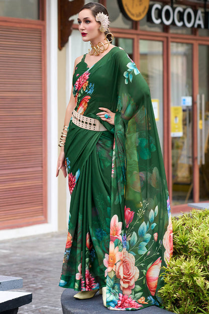Trendy Dark Green Digital Printed Georgette Saree With Enamoring Blouse Piece