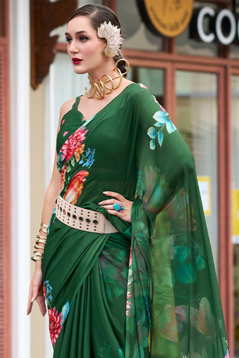 Trendy Dark Green Digital Printed Georgette Saree With Enamoring Blouse Piece