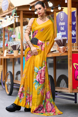 Opulent Yellow Digital Printed Georgette Saree With Pulsating Blouse Piece