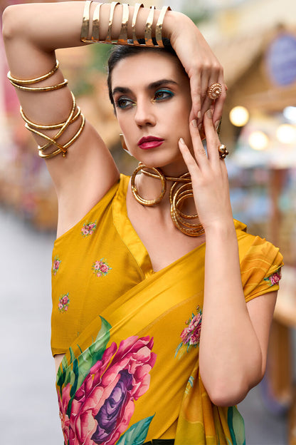 Opulent Yellow Digital Printed Georgette Saree With Pulsating Blouse Piece