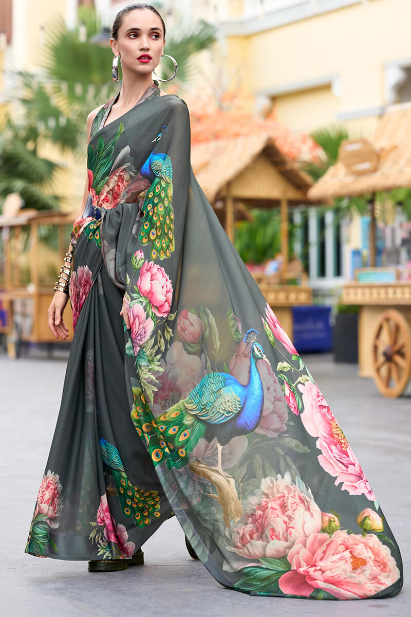Elaborate Grey Digital Printed Georgette Saree With Supernal Blouse Piece