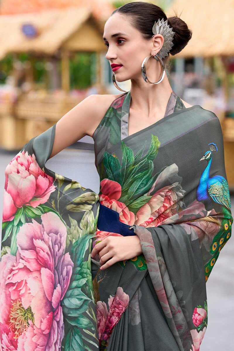 Elaborate Grey Digital Printed Georgette Saree With Supernal Blouse Piece