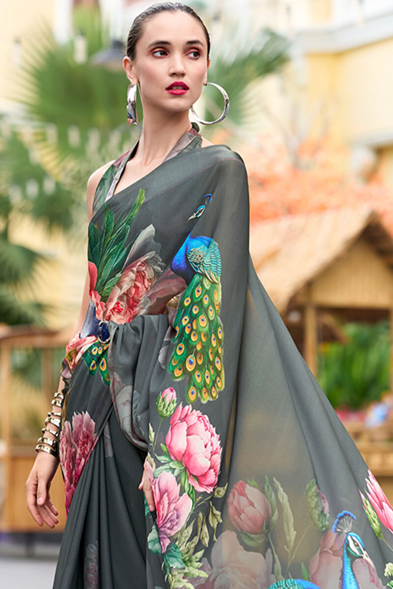 Elaborate Grey Digital Printed Georgette Saree With Supernal Blouse Piece