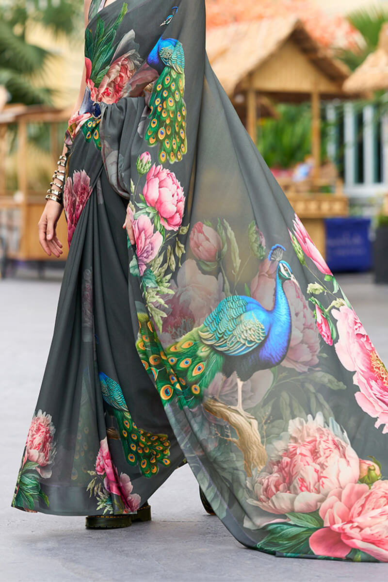 Elaborate Grey Digital Printed Georgette Saree With Supernal Blouse Piece