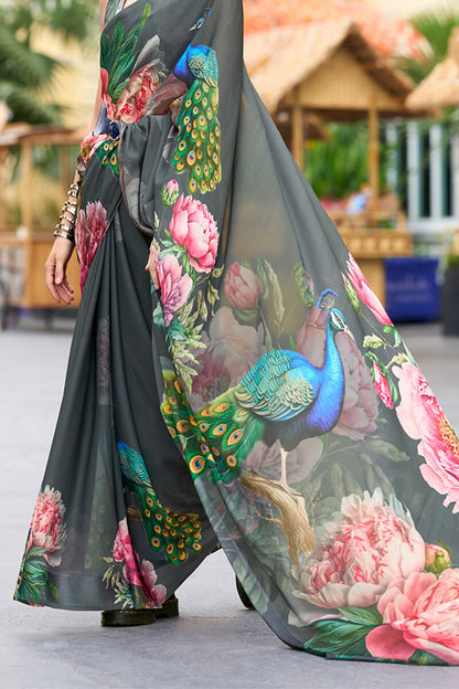 Elaborate Grey Digital Printed Georgette Saree With Supernal Blouse Piece