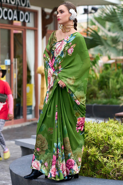 Intricate Green Digital Printed Georgette Saree With Charming Blouse Piece