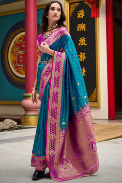 Opulent Blue Soft Banarasi Silk Saree With Classic Blouse Piece