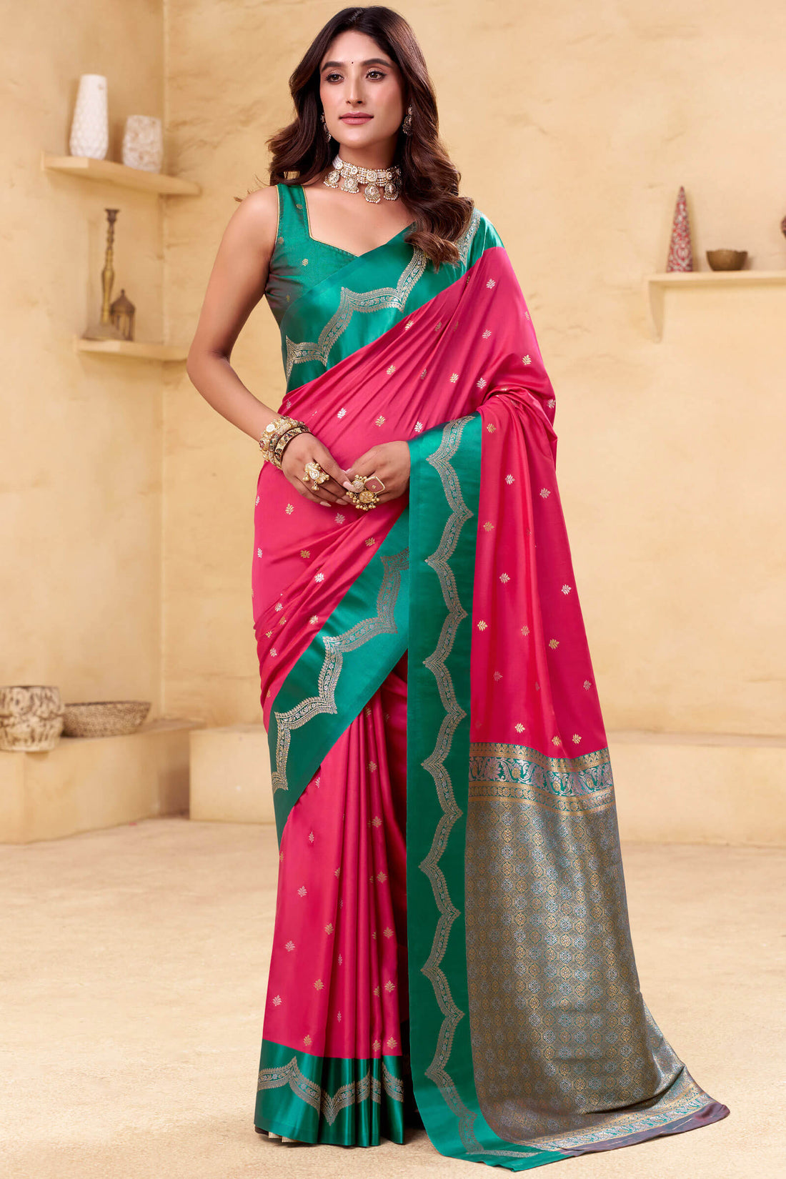 Seraglio Dark Pink Banarasi Satin Silk Saree With Majesty Blouse