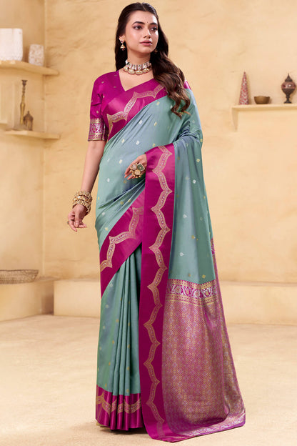 Fantabulous Grey Banarasi Satin Silk Saree With Imaginative Blouse