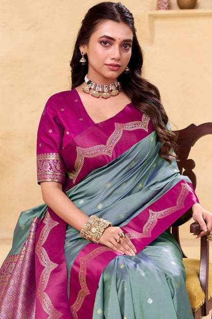 Fantabulous Grey Banarasi Satin Silk Saree With Imaginative Blouse