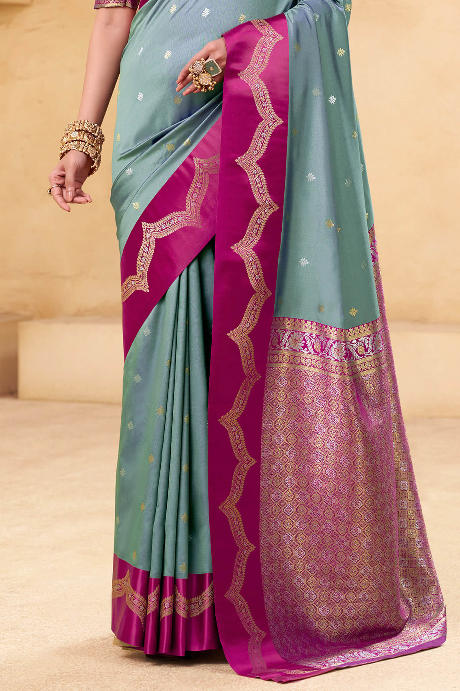Fantabulous Grey Banarasi Satin Silk Saree With Imaginative Blouse