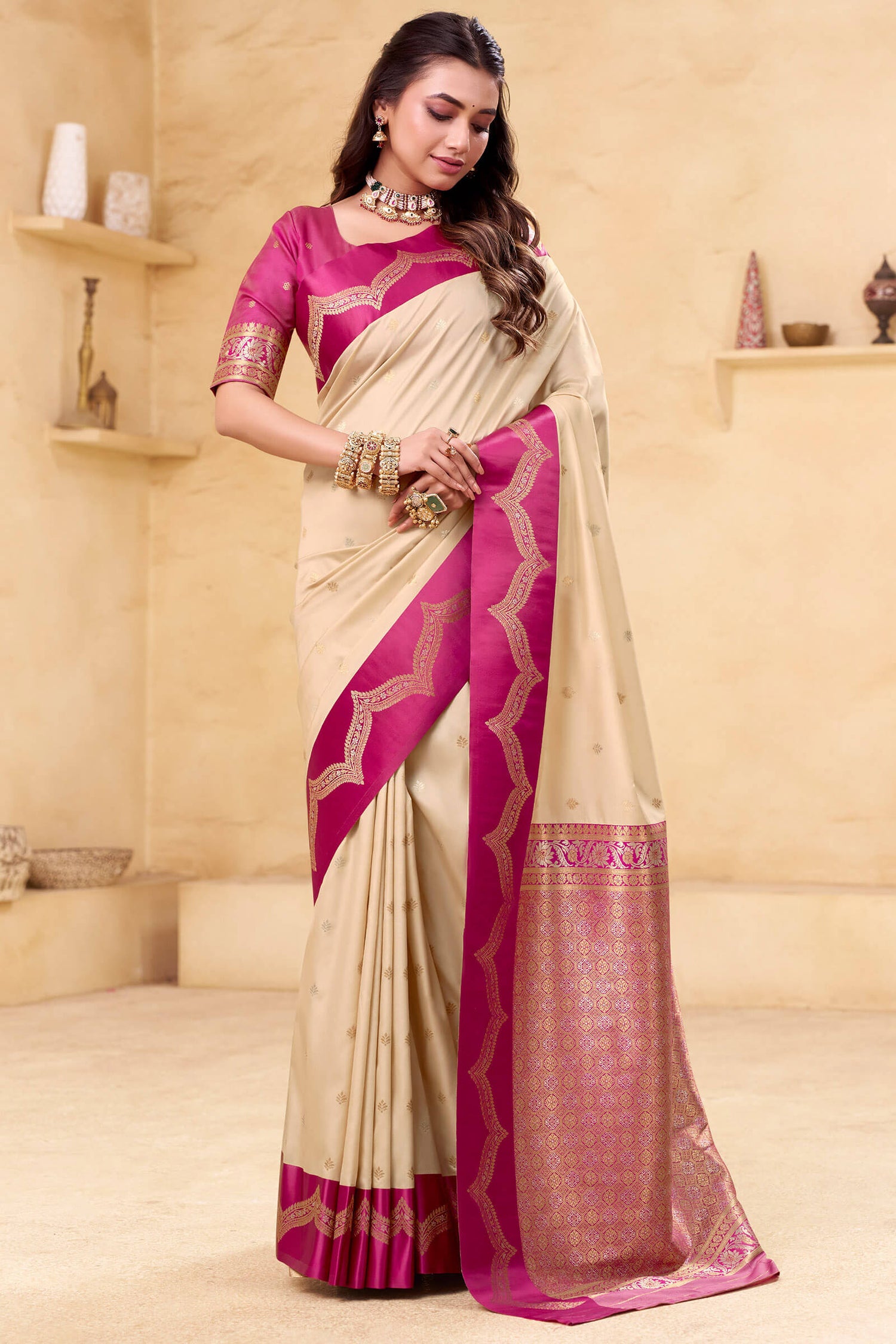 Devastating Beige Banarasi Satin Silk Saree With Flameboyant Blouse