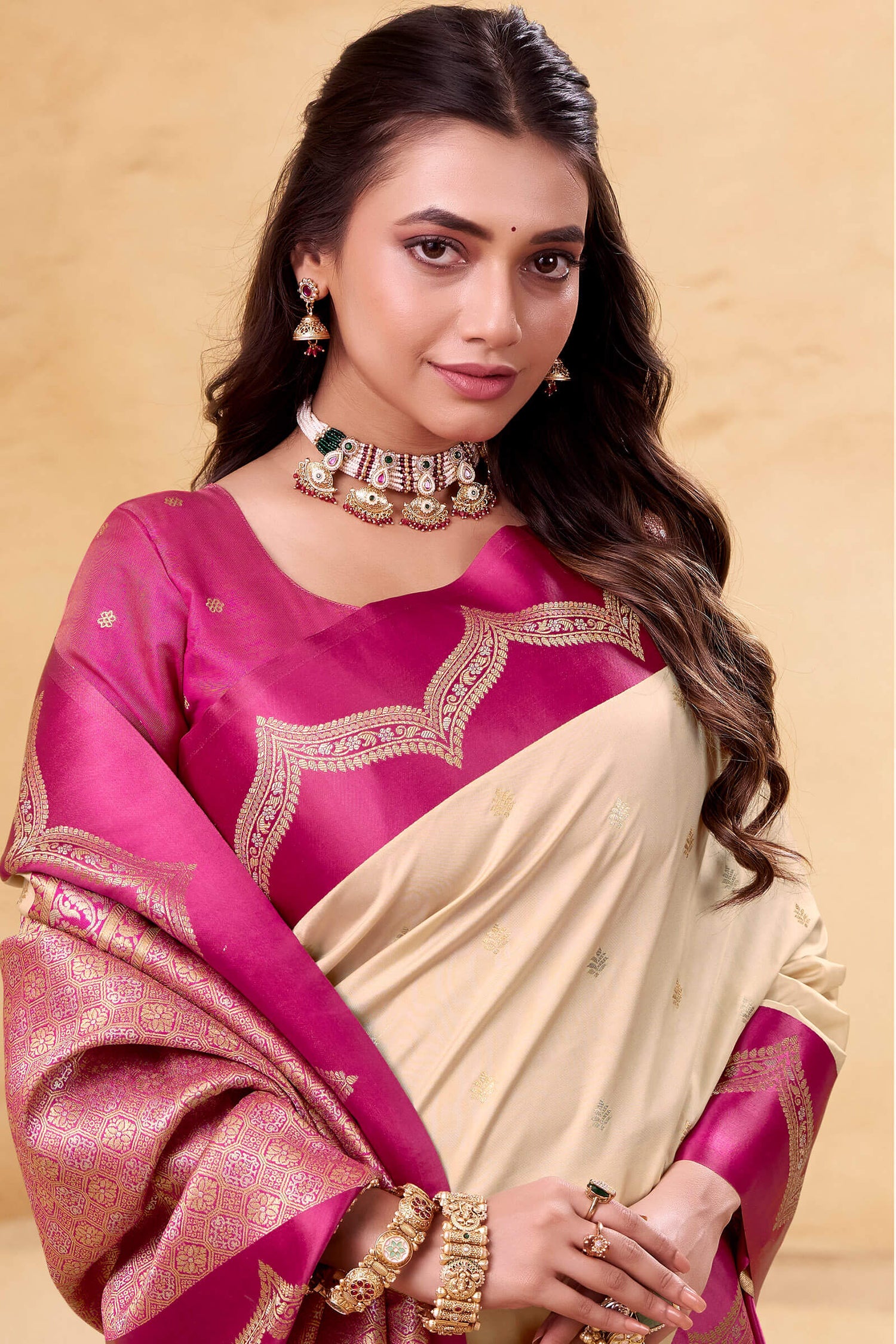 Devastating Beige Banarasi Satin Silk Saree With Flameboyant Blouse