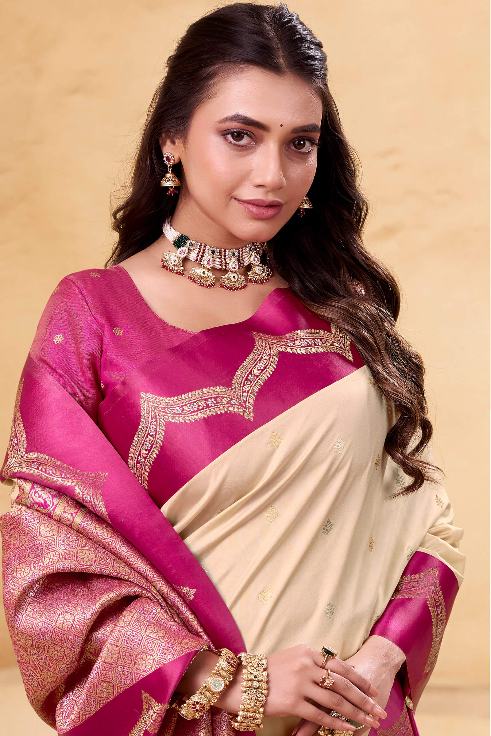 Devastating Beige Banarasi Satin Silk Saree With Flameboyant Blouse