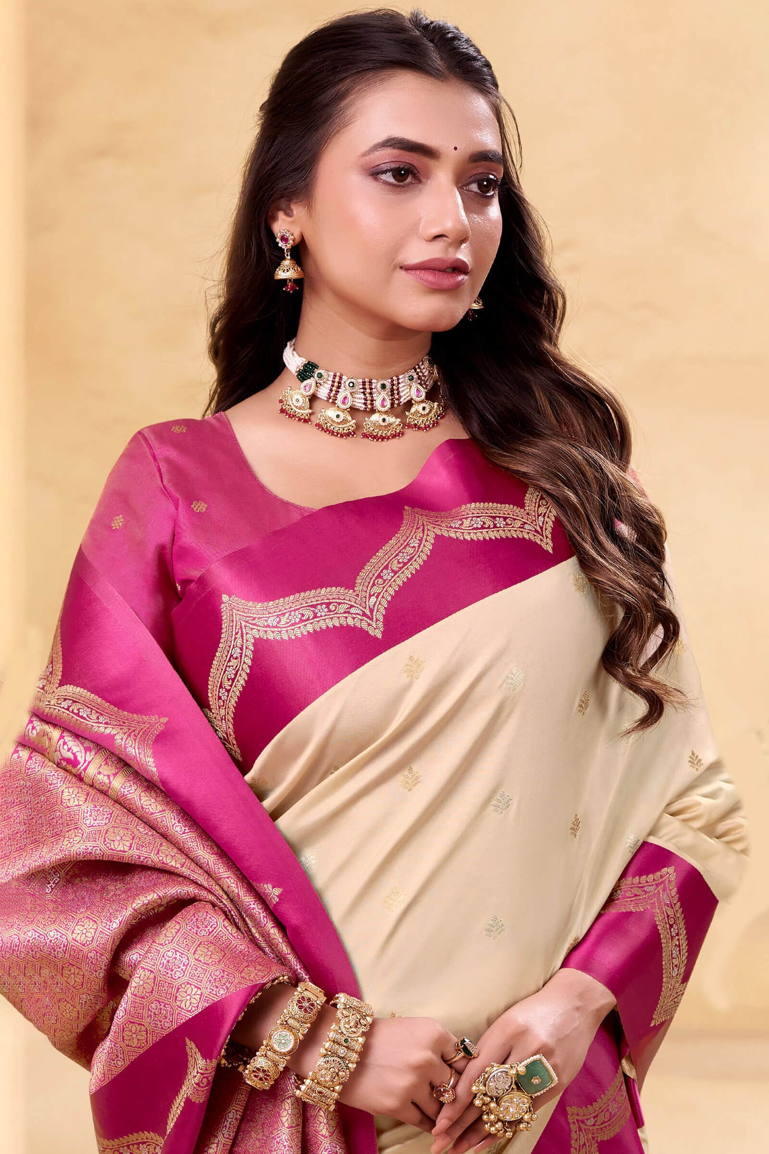 Devastating Beige Banarasi Satin Silk Saree With Flameboyant Blouse