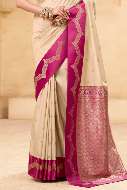 Devastating Beige Banarasi Satin Silk Saree With Flameboyant Blouse