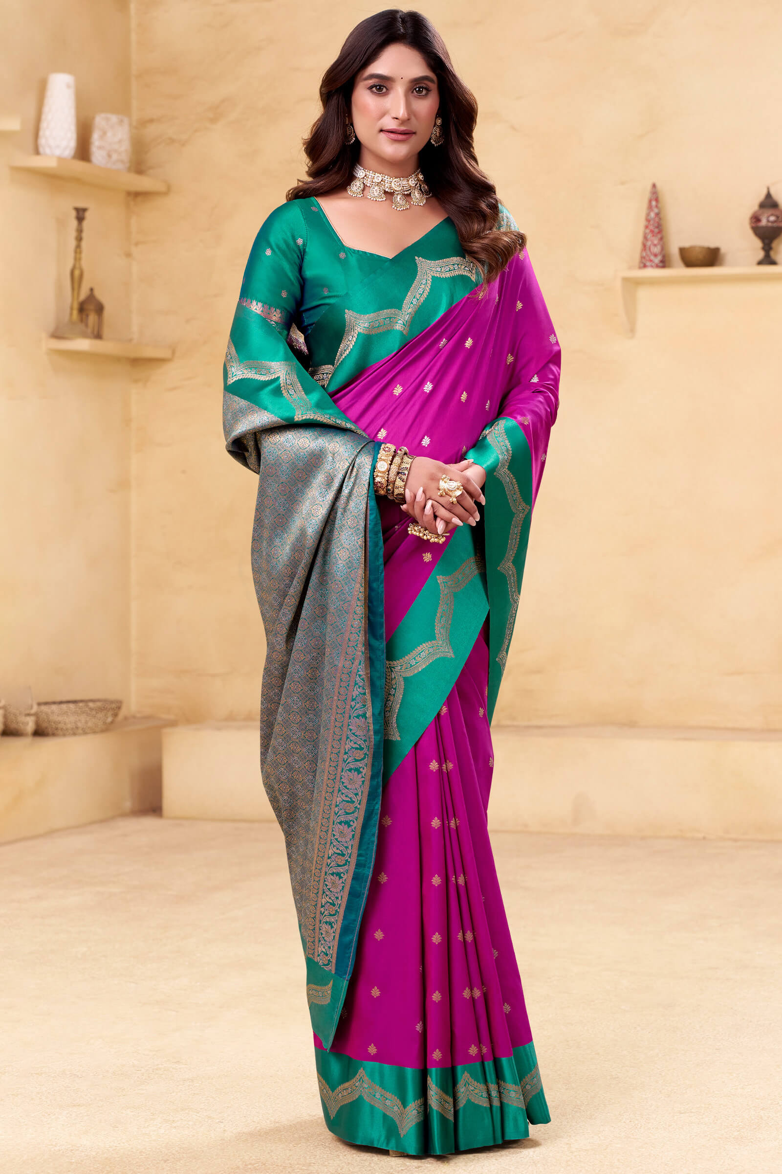 Nectarous Magenta Banarasi Satin Silk Saree With Eloquence Blouse