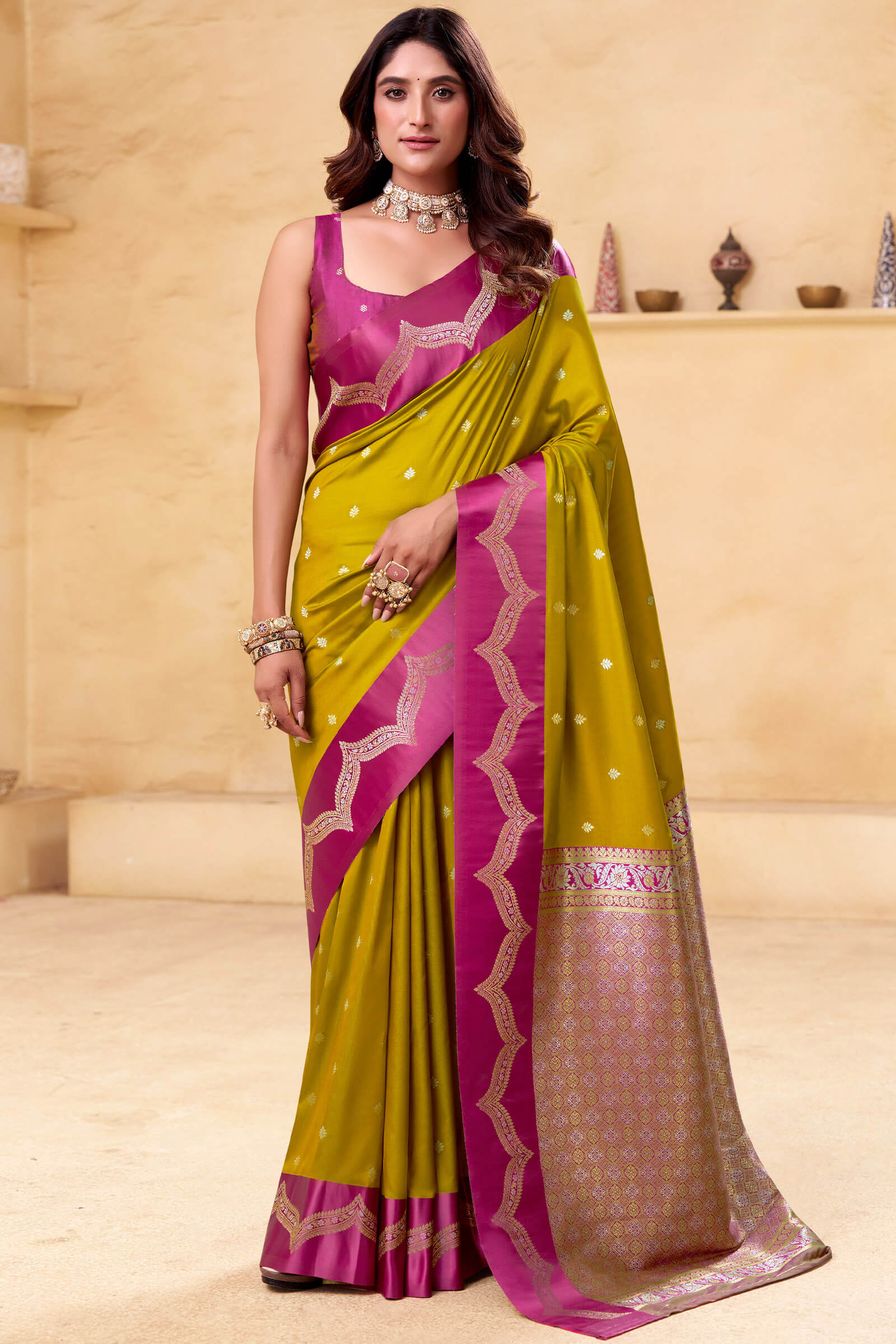Jazzy Mustard Banarasi Satin Silk Saree With Luminous Blouse