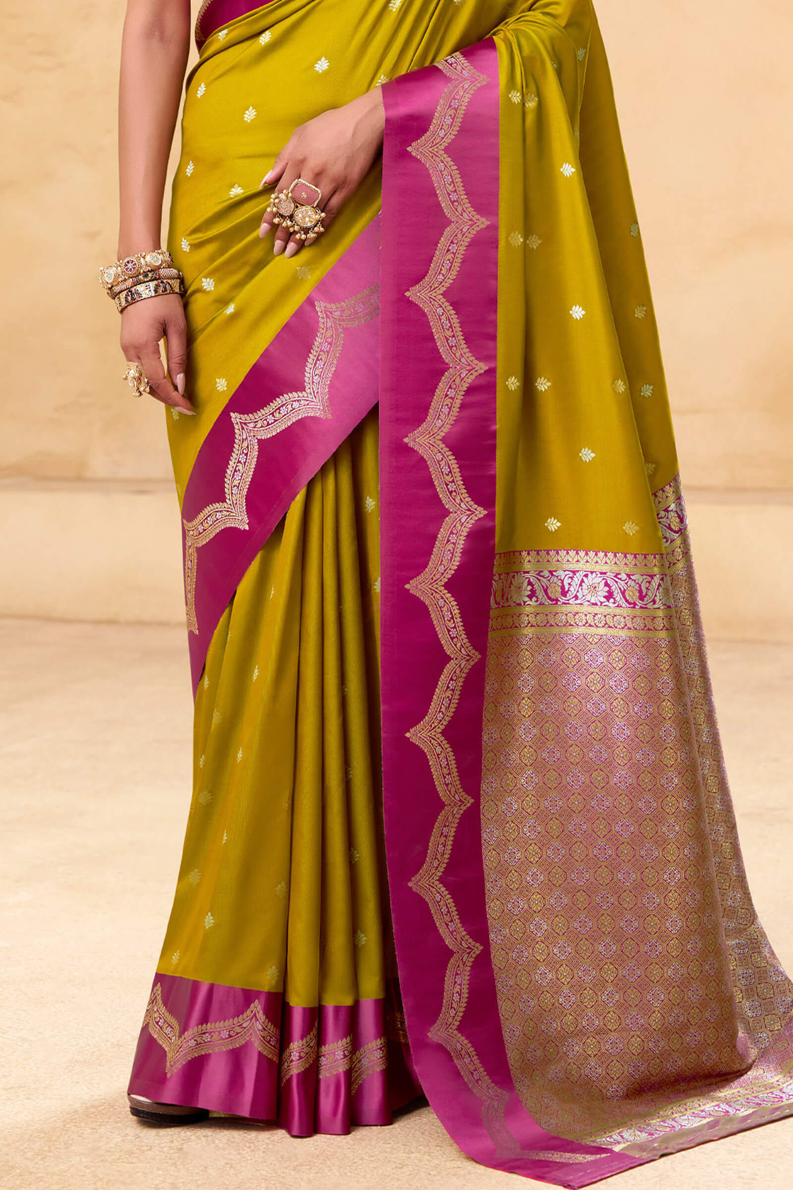 Jazzy Mustard Banarasi Satin Silk Saree With Luminous Blouse