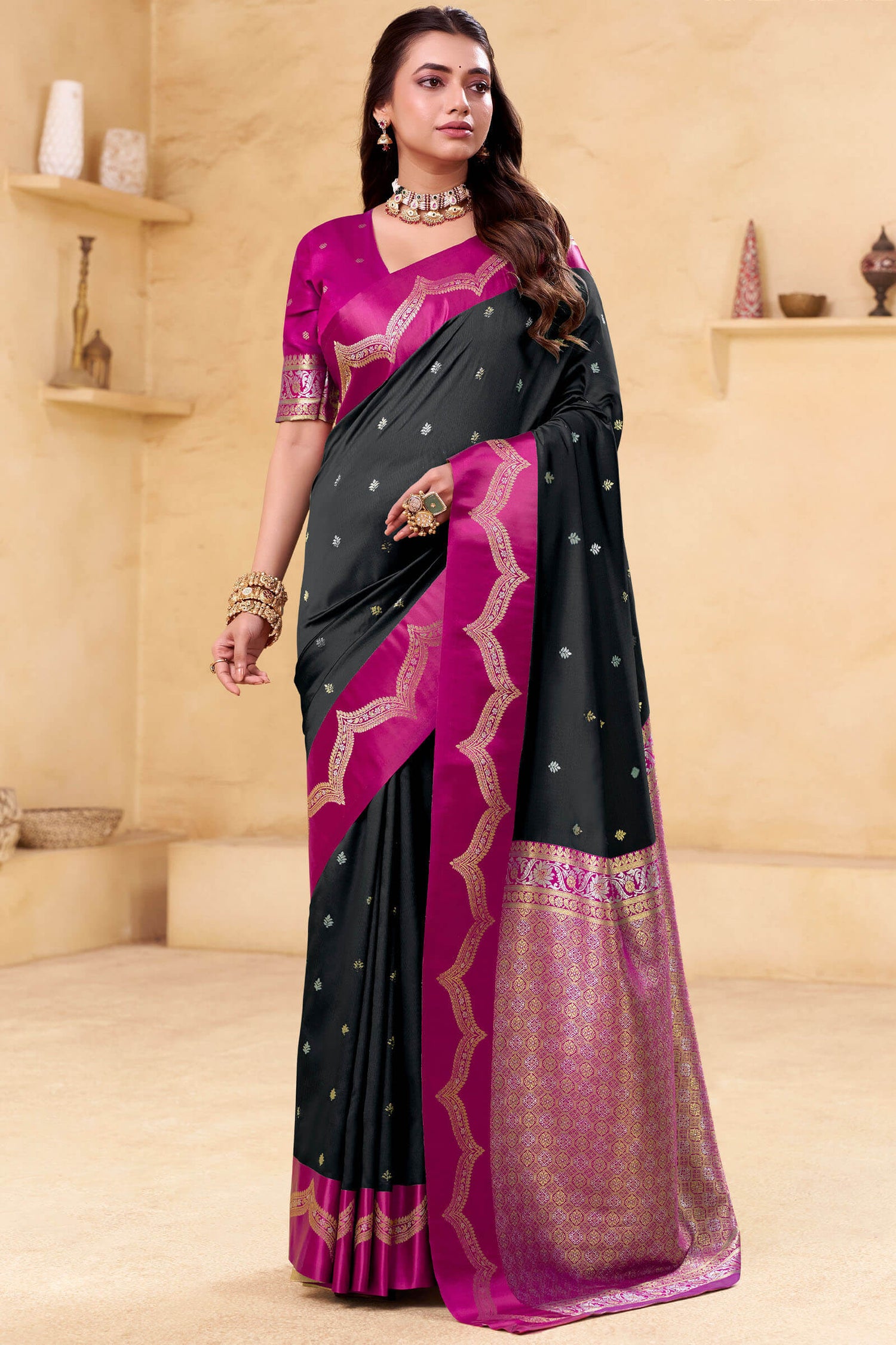 Tremendous Black Banarasi Satin Silk Saree With Dissemble Blouse