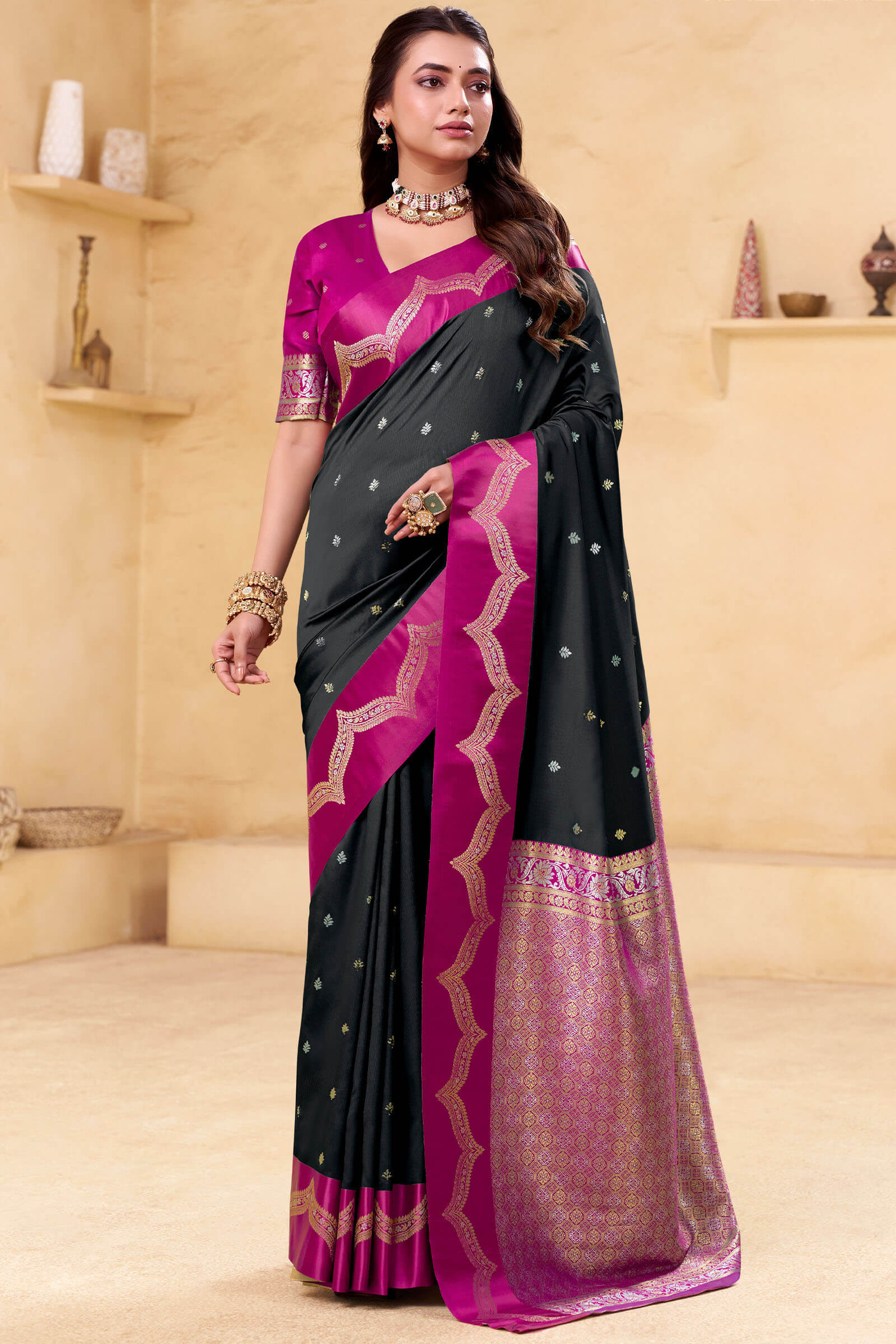 Tremendous Black Banarasi Satin Silk Saree With Dissemble Blouse