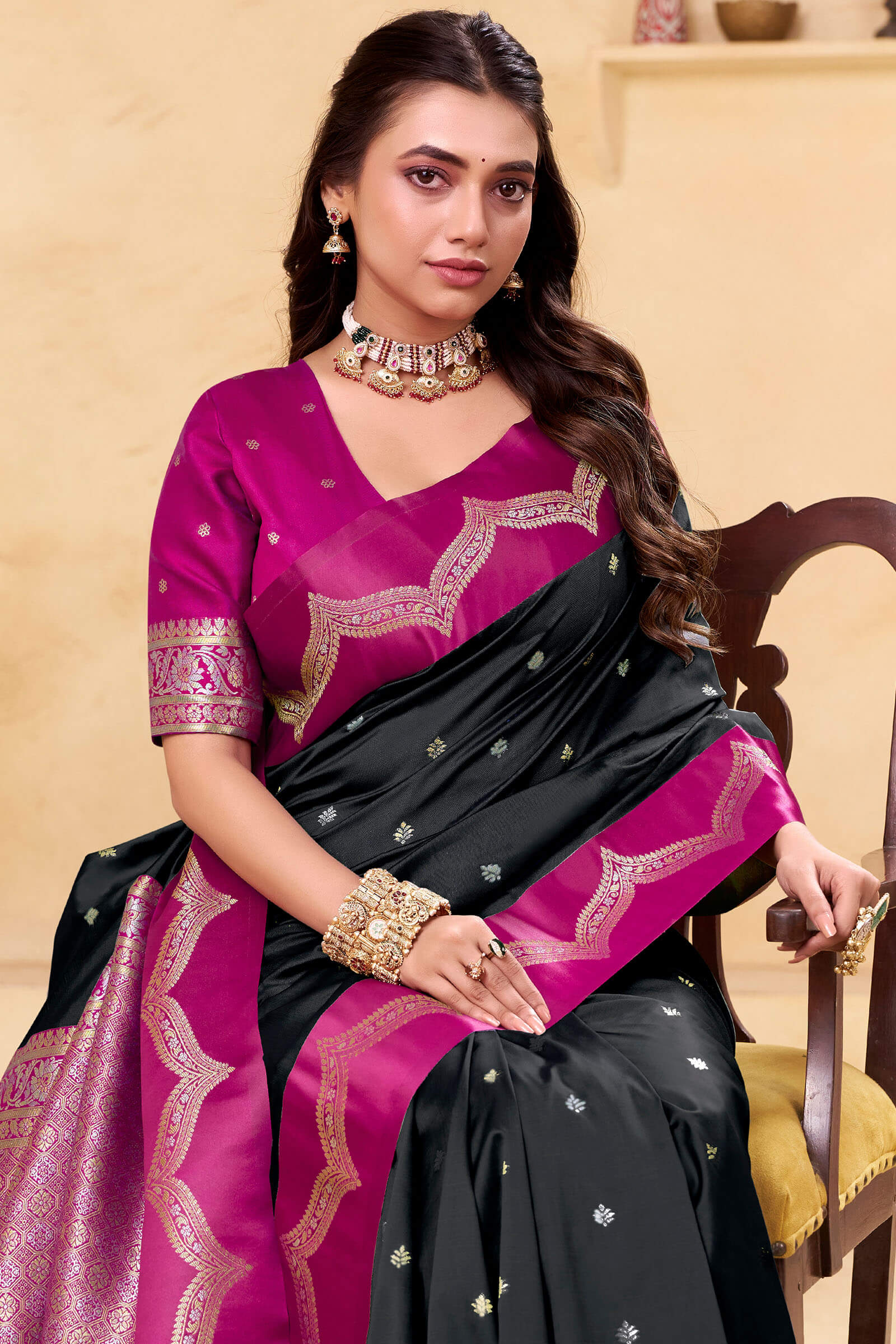 Tremendous Black Banarasi Satin Silk Saree With Dissemble Blouse