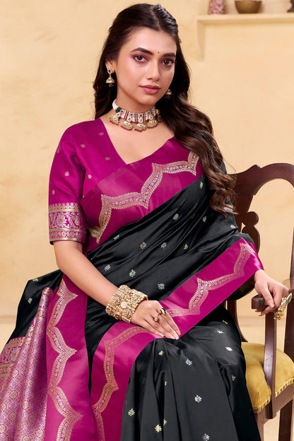 Tremendous Black Banarasi Satin Silk Saree With Dissemble Blouse