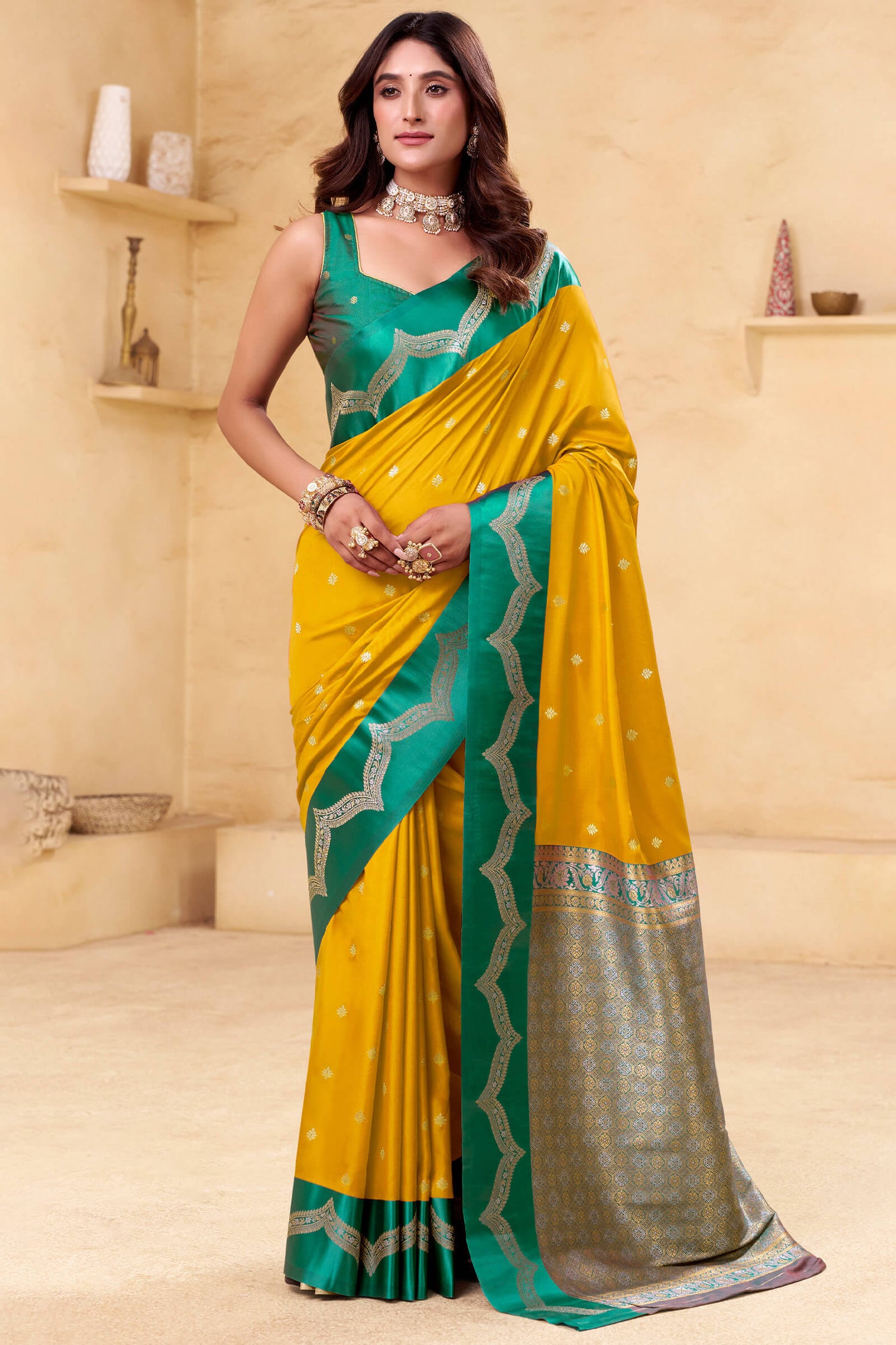 Assemblage Yellow Banarasi Satin Silk Saree With Charismatic Blouse