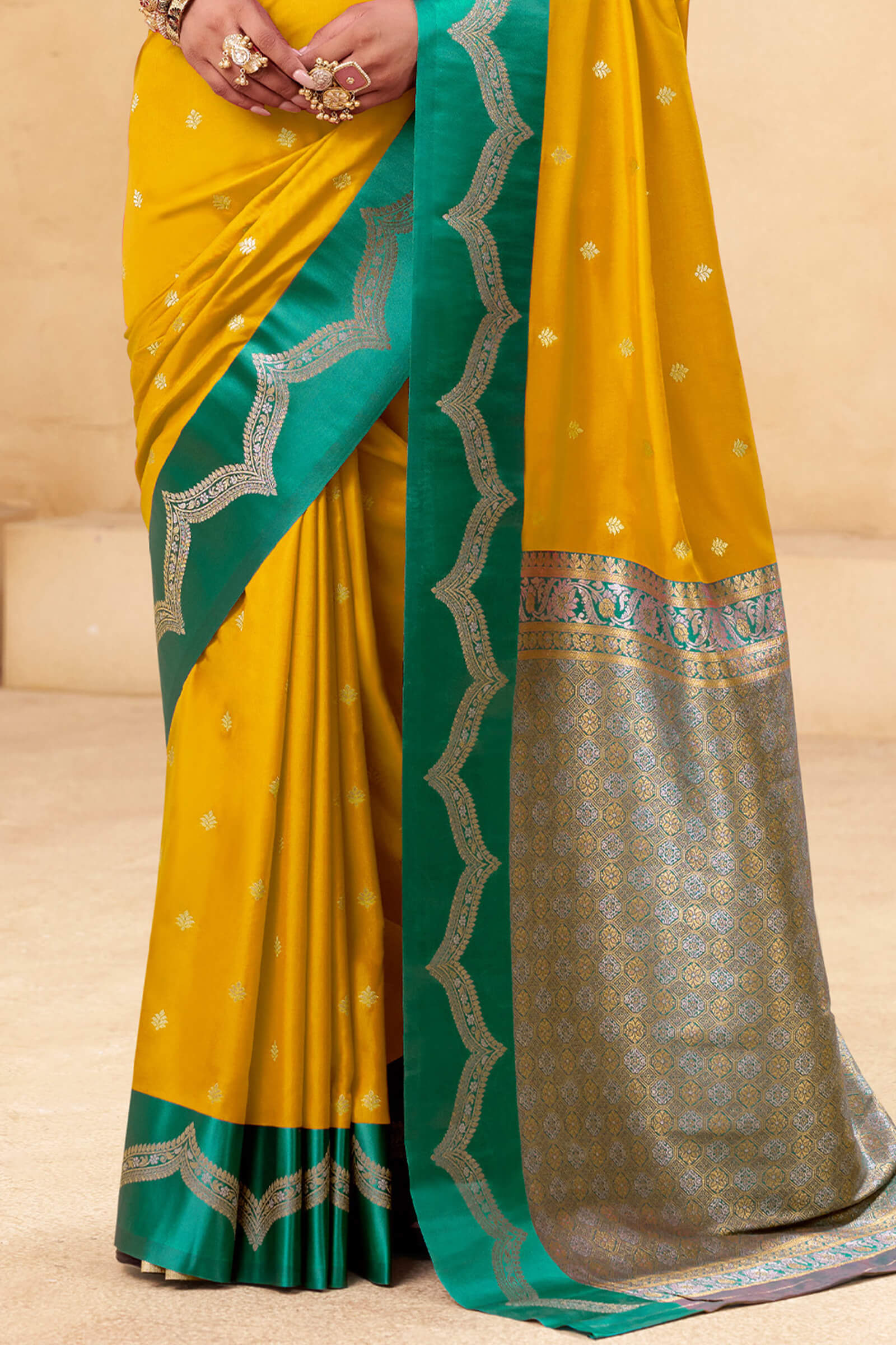 Assemblage Yellow Banarasi Satin Silk Saree With Charismatic Blouse