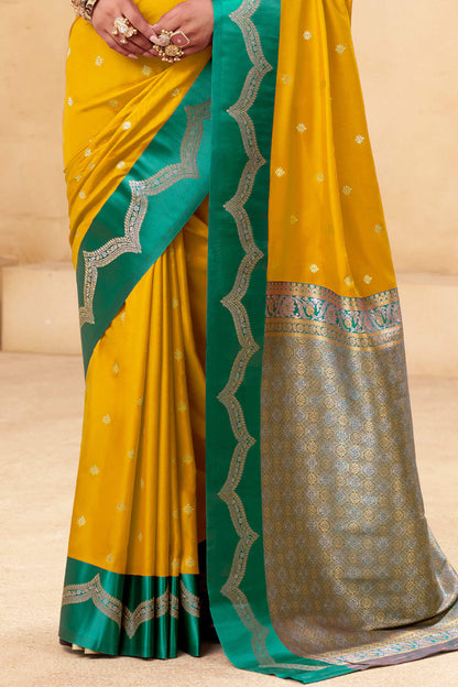 Assemblage Yellow Banarasi Satin Silk Saree With Charismatic Blouse