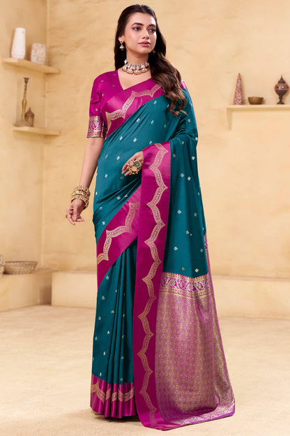 Embellished Rama Banarasi Satin Silk Saree With Resplendent Blouse