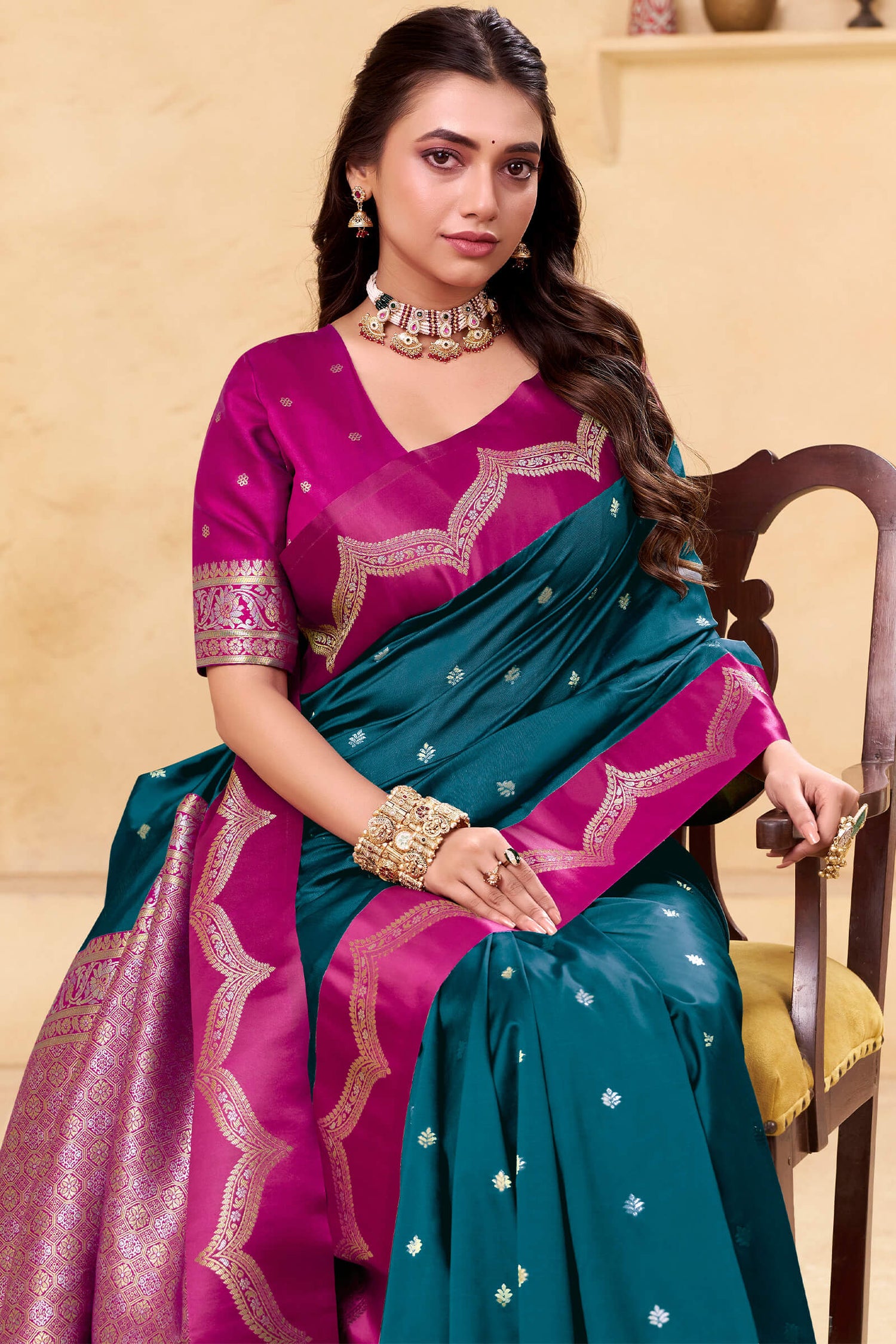 Embellished Rama Banarasi Satin Silk Saree With Resplendent Blouse