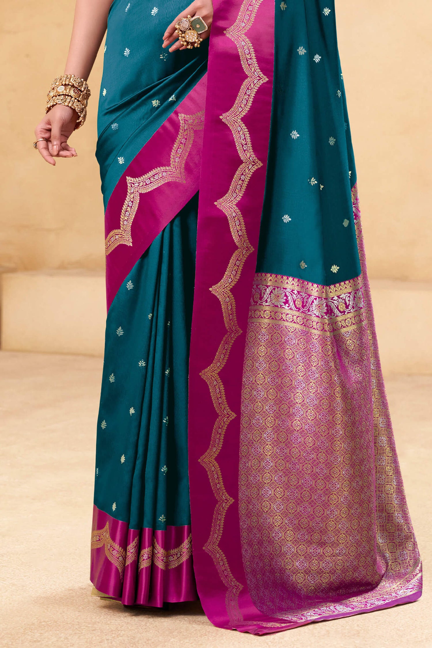 Embellished Rama Banarasi Satin Silk Saree With Resplendent Blouse