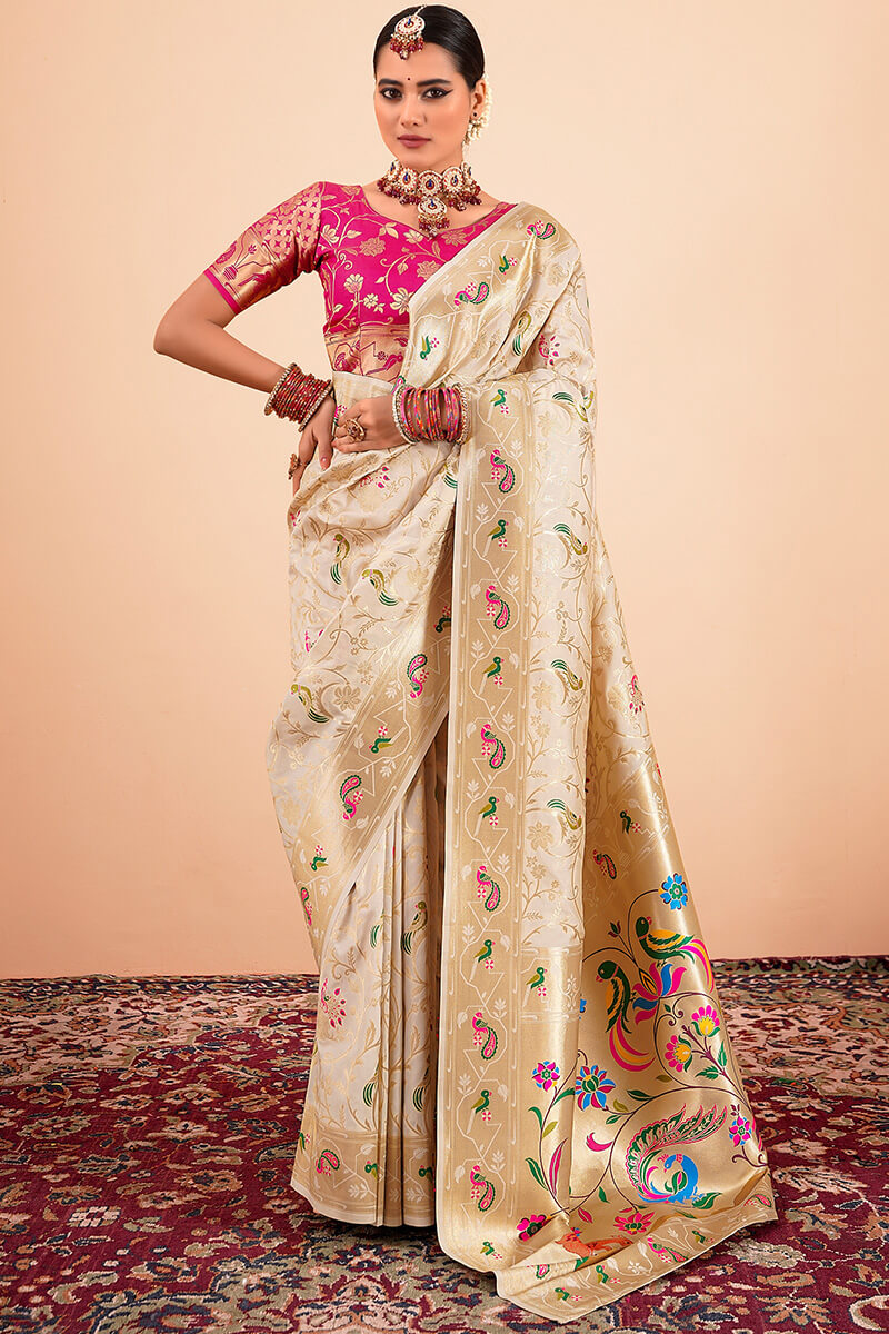 Trendy Beige Paithani Silk Saree With Gleaming Blouse Piece