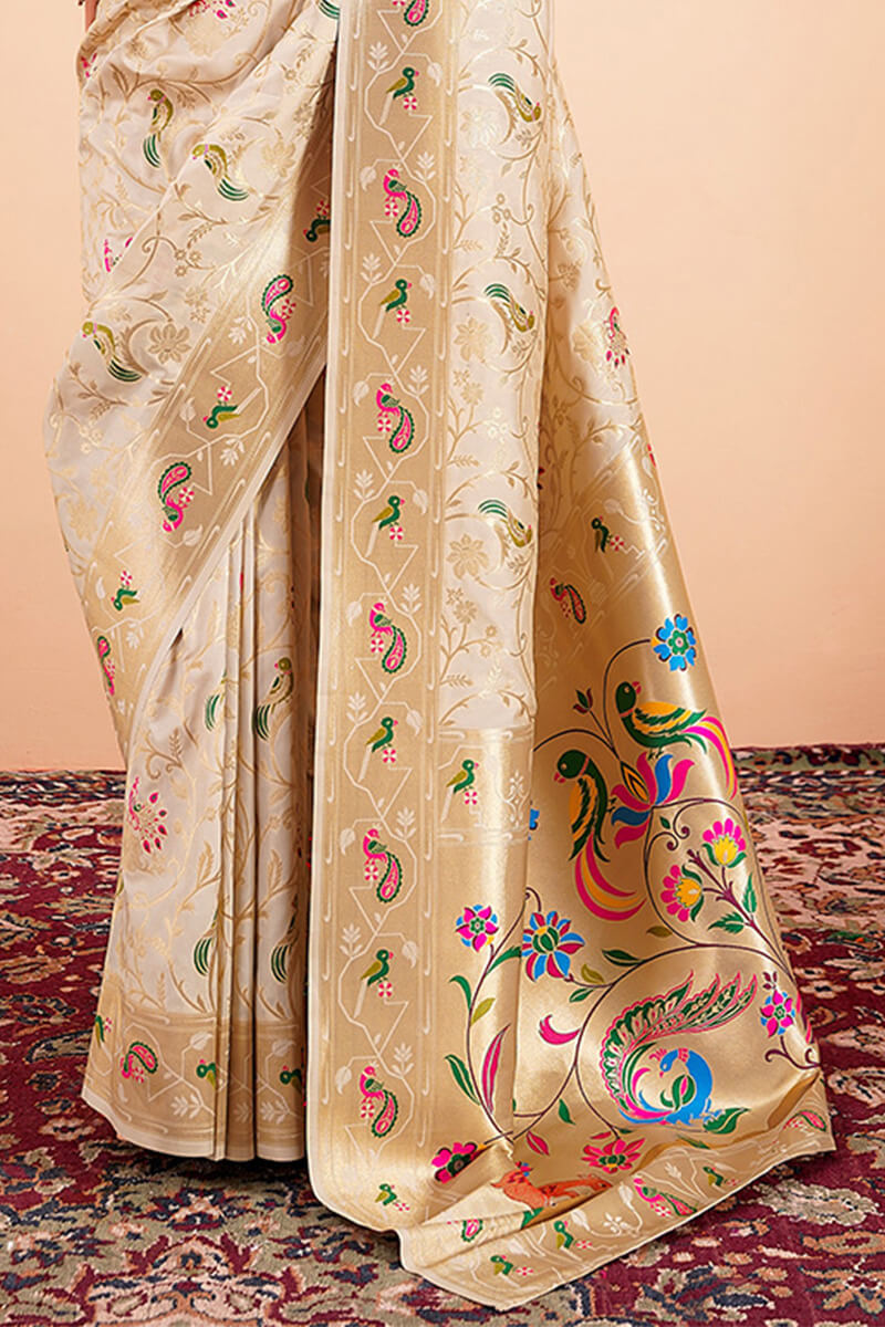 Trendy Beige Paithani Silk Saree With Gleaming Blouse Piece