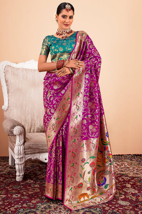 Load image into Gallery viewer, Sizzling Purple Paithani Silk Saree With Adorning Blouse Piece
