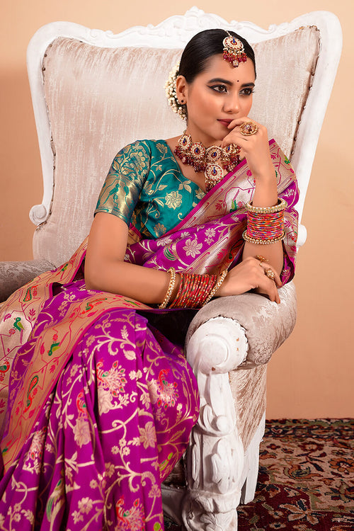 Load image into Gallery viewer, Sizzling Purple Paithani Silk Saree With Adorning Blouse Piece
