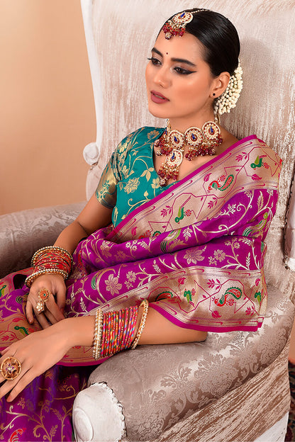 Sizzling Purple Paithani Silk Saree With Adorning Blouse Piece